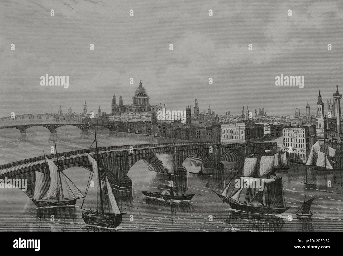 Angleterre, Grande-Bretagne. Londres. Vue panoramique sur la ville. Gravure de A. Roca. Los Héroes y las Grandezas de la Tierra. Volume V. 1855. Banque D'Images