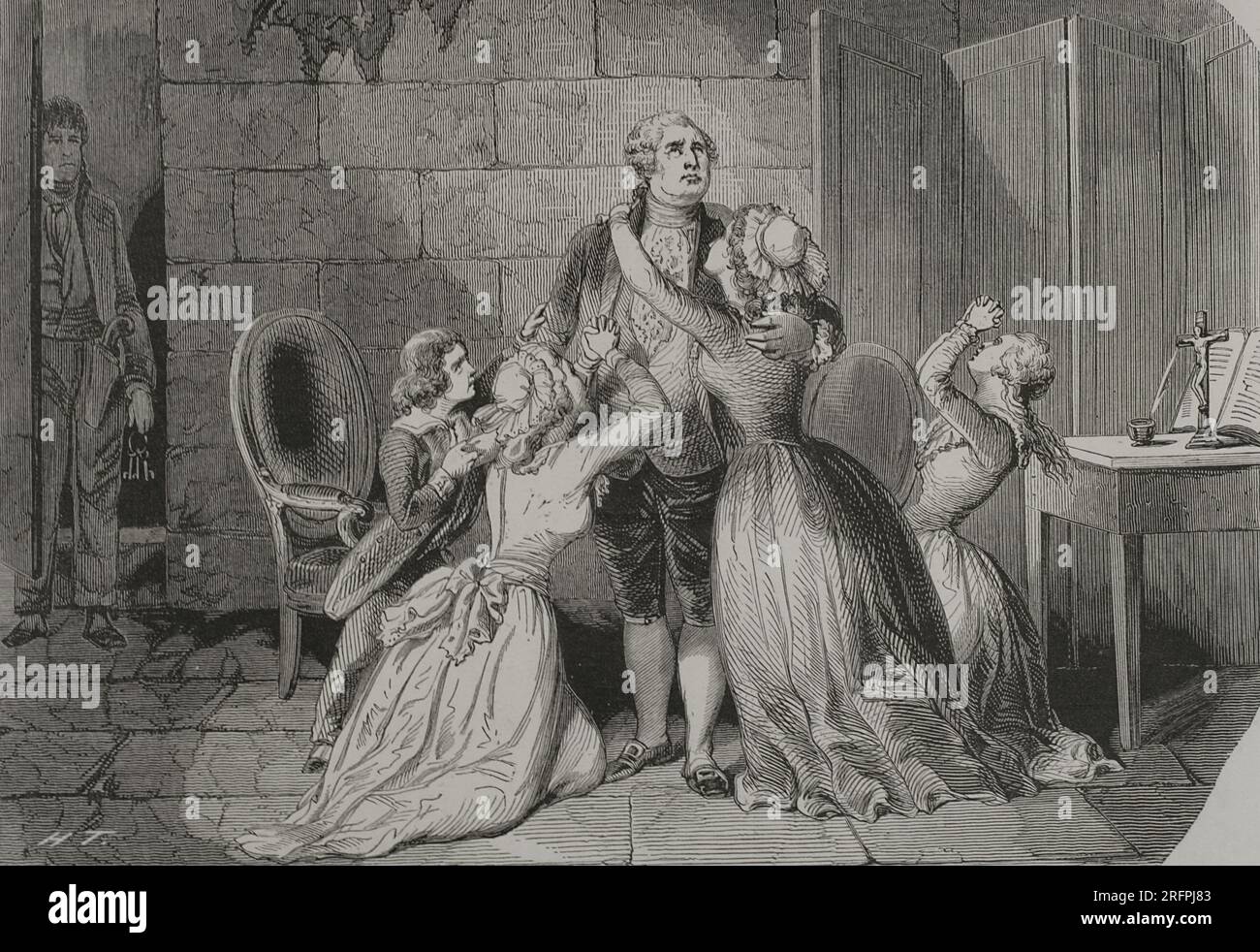 Louis XVI (1754-1793) Roi de France (1774-1792). En 1770, il épouse Marie-Antoinette. Louis XVI salue sa femme et ses enfants dans la nuit du 20 janvier 1793. Le lendemain matin, il est guillotiné sur une potence installée place de la Révolution à Paris. Gravure. Los Héroes y las Grandezas de la Tierra. Volume V. 1855 Banque D'Images