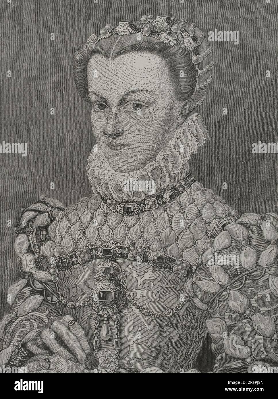 Élisabeth d'Autriche (1554-1592). Archiduchesse d'Autriche. Fille de l'empereur Maximilien II et Marie d'Autriche et du Portugal. Reine consort de France (1570-1574) par mariage avec le roi Charles IX Portrait. Gravure de L. Dujardin d'après le tableau de François Clouet. Los Héroes y las Grandezas de la Tierra. Volume V. 1855. Banque D'Images