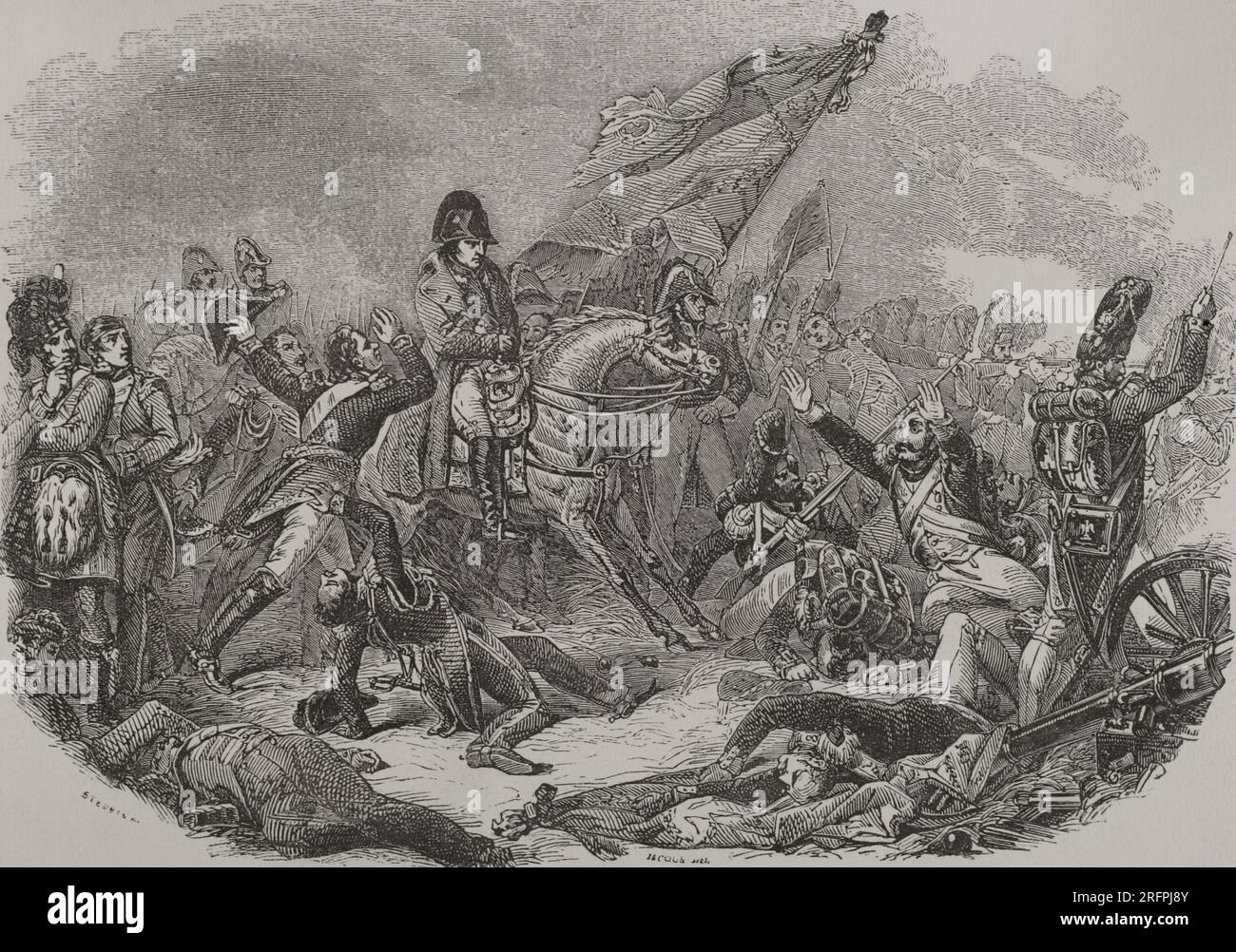 Guerres napoléoniennes. Bataille de Waterloo. Combat qui a eu lieu le 18 juin 1815 dans l'actuelle Belgique. Napoléon fut vaincu par deux des armées de la septième Coalition. Gravure. Los Héroes y las Grandezas de la Tierra. Volume V. 1855. Banque D'Images