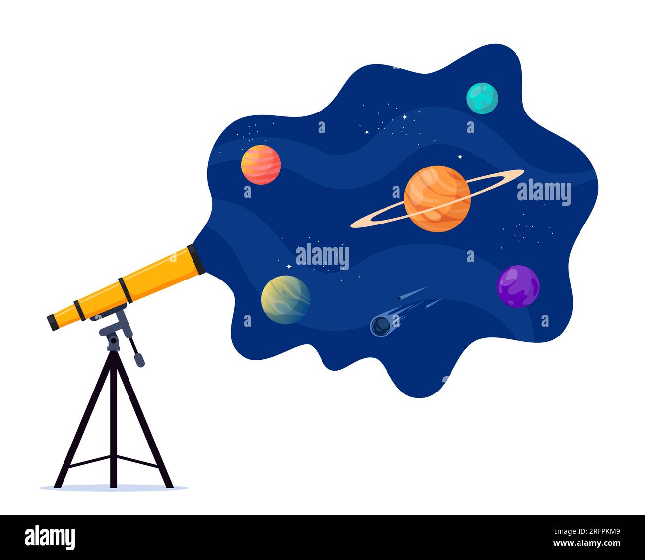 Télescope astronomique regarde dans l'espace. Espace. Planètes, étoiles et comètes à travers un télescope. Illustration vectorielle à plat Illustration de Vecteur