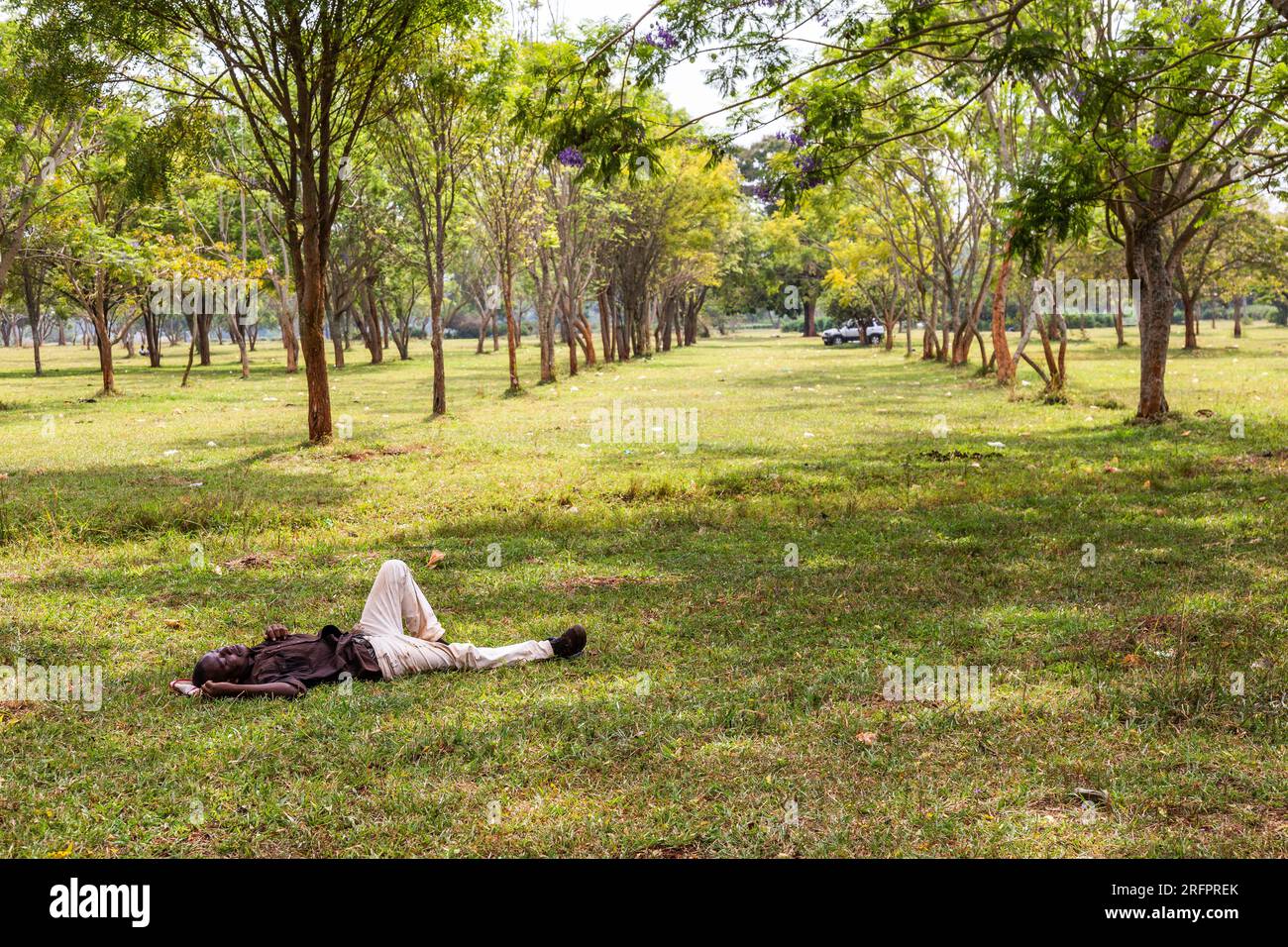 Homme couché faisant une sieste dans Coronation Park à Jinja, Ouganda. Banque D'Images