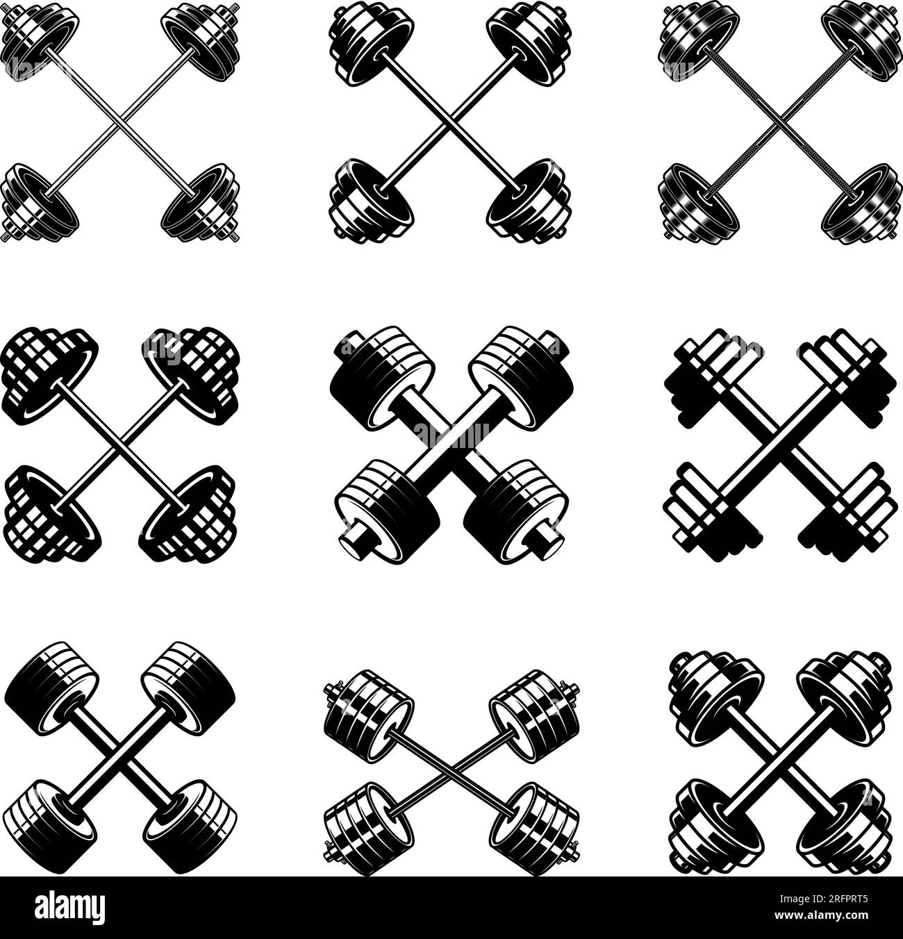 Illustrations vectorielles de barbells sportifs croisés. Parfait pour le fitness et les conceptions liées au sport. Utilisez-les pour des affiches, des logos, des t-shirts et plus encore. Illustration de Vecteur