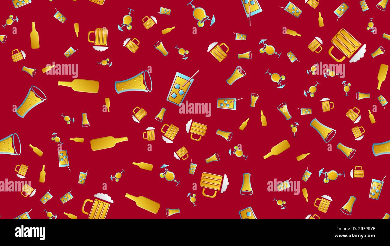 Motif sans fin sans couture de beaux verres en verre avec de savoureux cocktails alcoolisés avec de la glace et des pailles avec des citrons et de la bière pour une fête sur un dos rouge Illustration de Vecteur