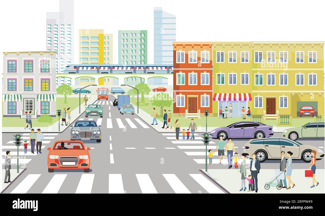 Vue d'ensemble d'une grande ville avec circulation et piétons, illustration Illustration de Vecteur