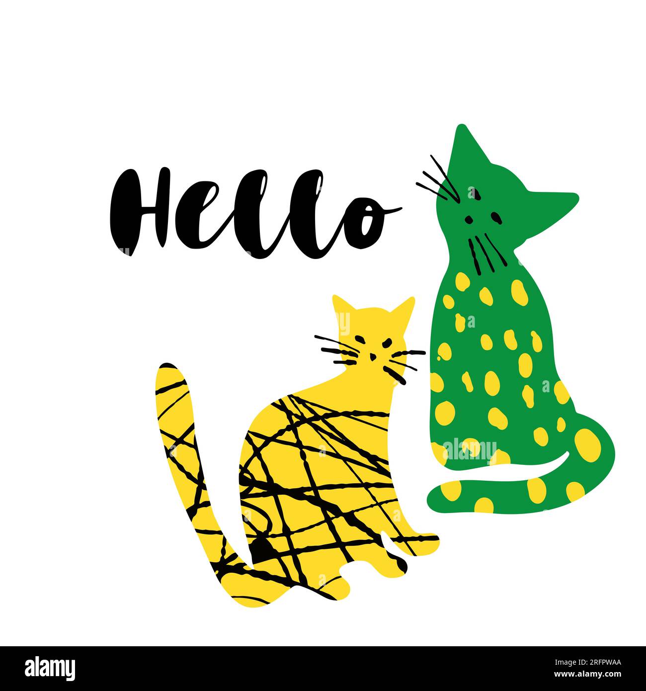 Mignon illustration de chats texturaux lumineux en couleur verte et jaune iasolée sur blanc avec texte Bonjour Illustration de Vecteur
