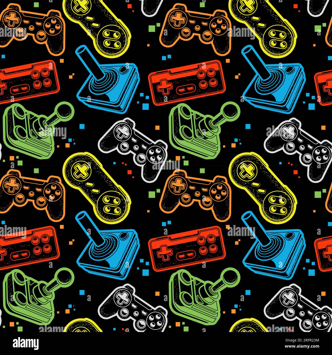 Motif lumineux sans couture avec joysticks, pads de jeu motley motif sans couture, impression de jeu sur console, vecteur Illustration de Vecteur