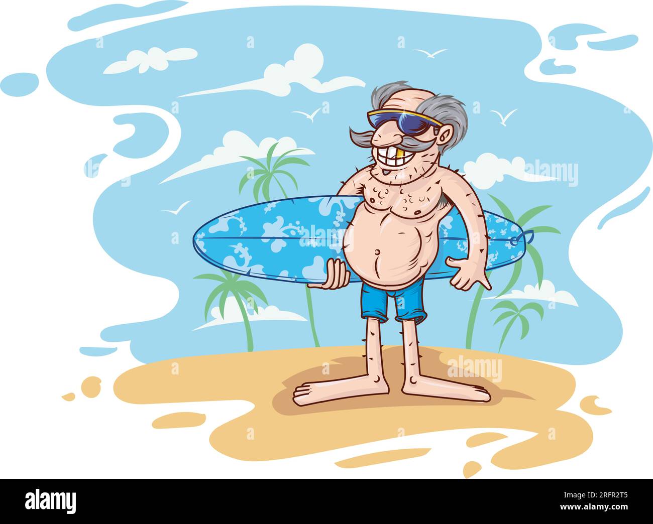 Homme senior avec planche de surf sur la plage Illustration de Vecteur