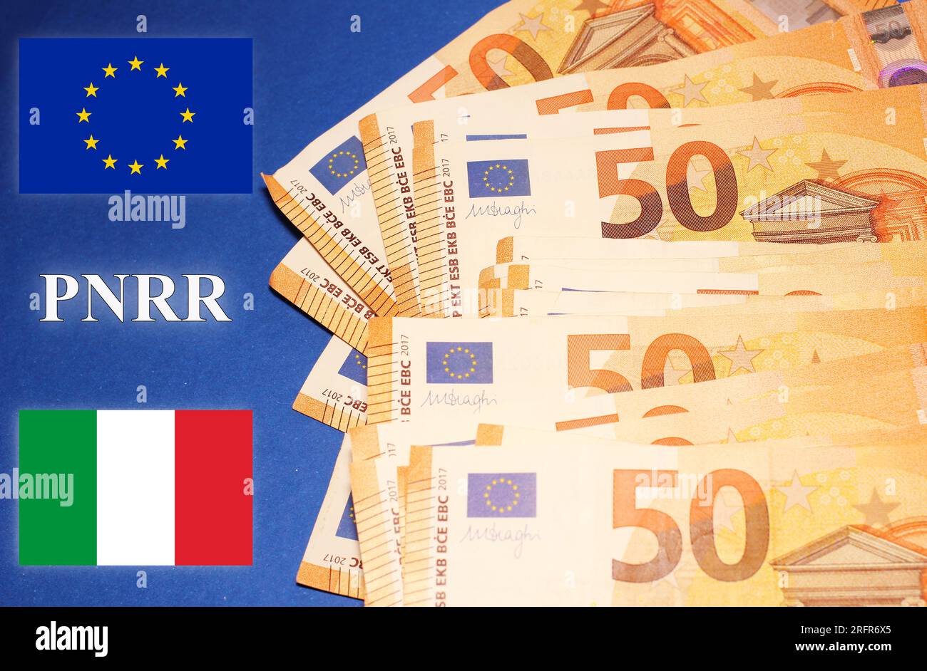 Drapeaux italiens et européens avec le signe "Pnrr", concept d'aide financière Banque D'Images