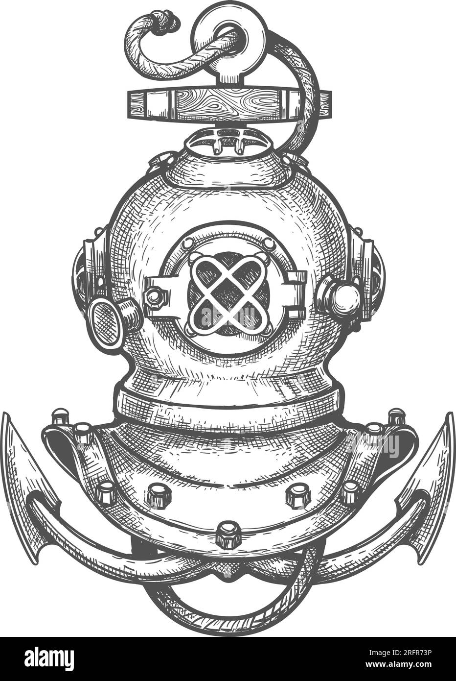 Gravure tatouage de casque de plongée et ancre de navire isolé sur fond blanc. Illustration vectorielle Illustration de Vecteur