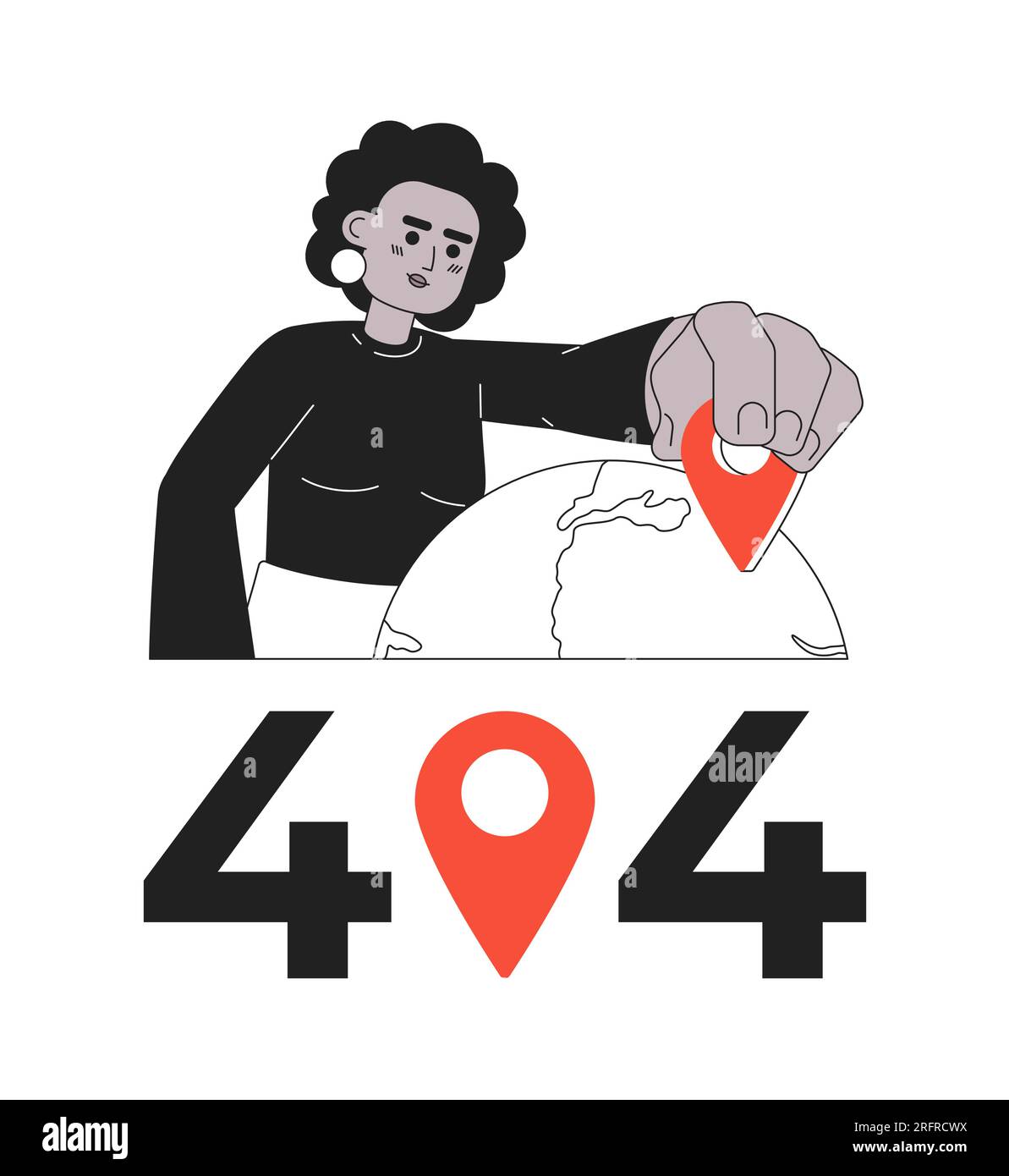 Femme sélectionnant place sur globe noir blanc erreur 404 message flash. Illustration de Vecteur