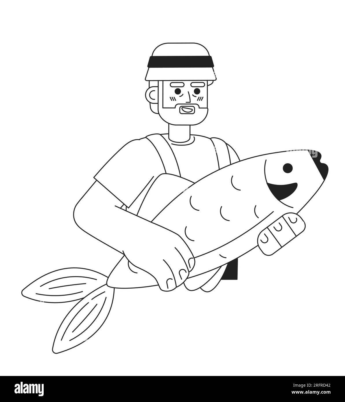 Vieux pêcheur tenant grand poisson plat ligne noire caractère vectoriel blanc Illustration de Vecteur