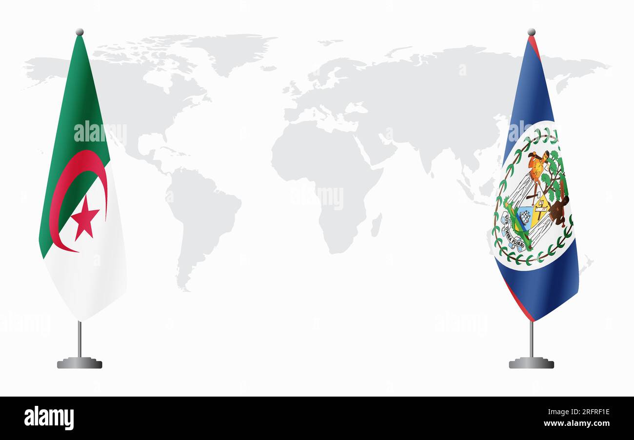 Drapeaux de l'Algérie et du Belize pour la réunion officielle sur fond de carte du monde. Illustration de Vecteur