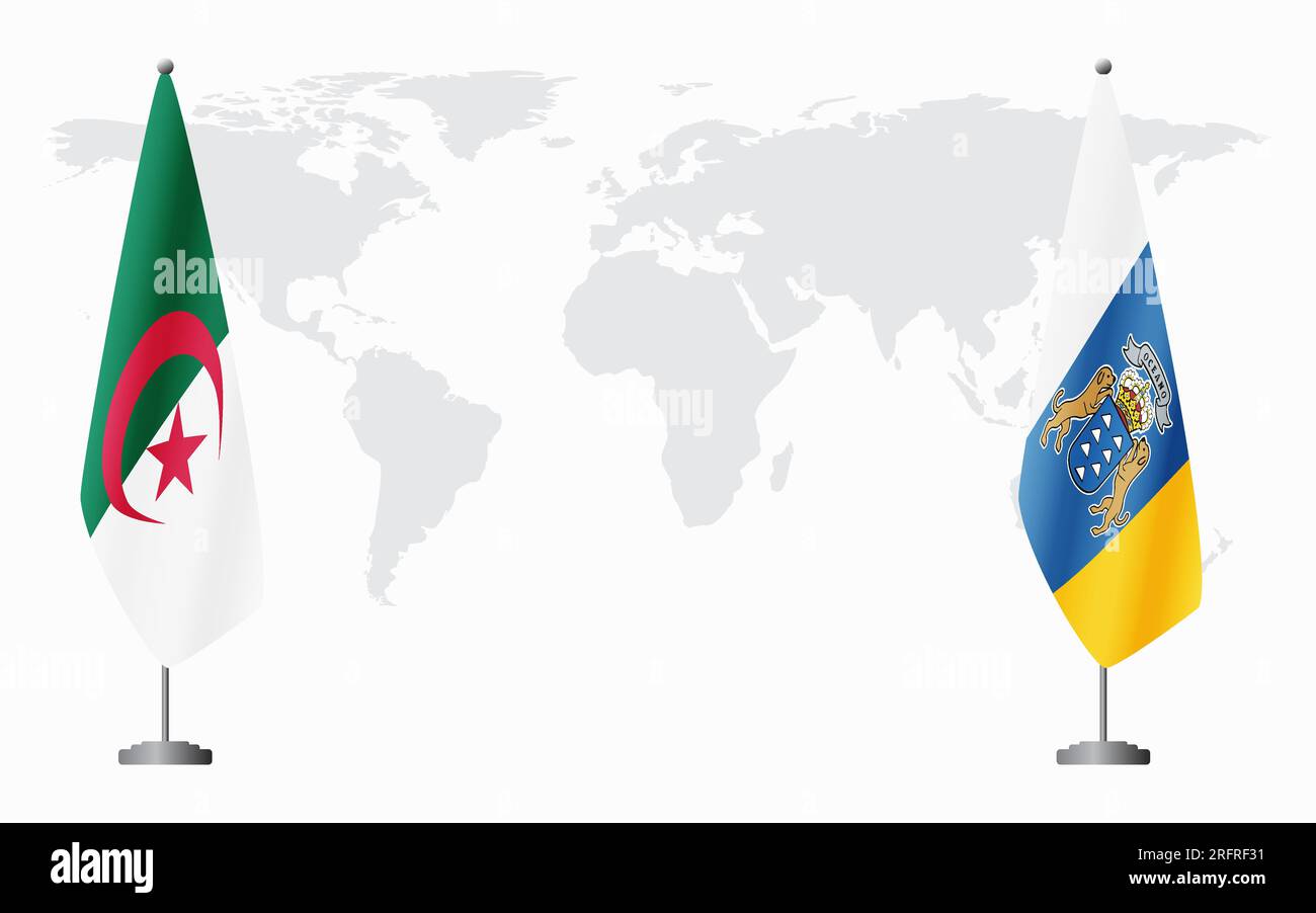 Drapeaux de l'Algérie et des îles Canaries pour la réunion officielle sur fond de carte du monde. Illustration de Vecteur
