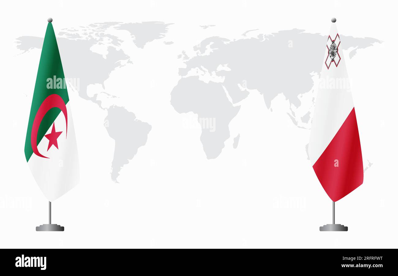 Drapeaux de l'Algérie et de Malte pour la réunion officielle sur fond de carte du monde. Illustration de Vecteur