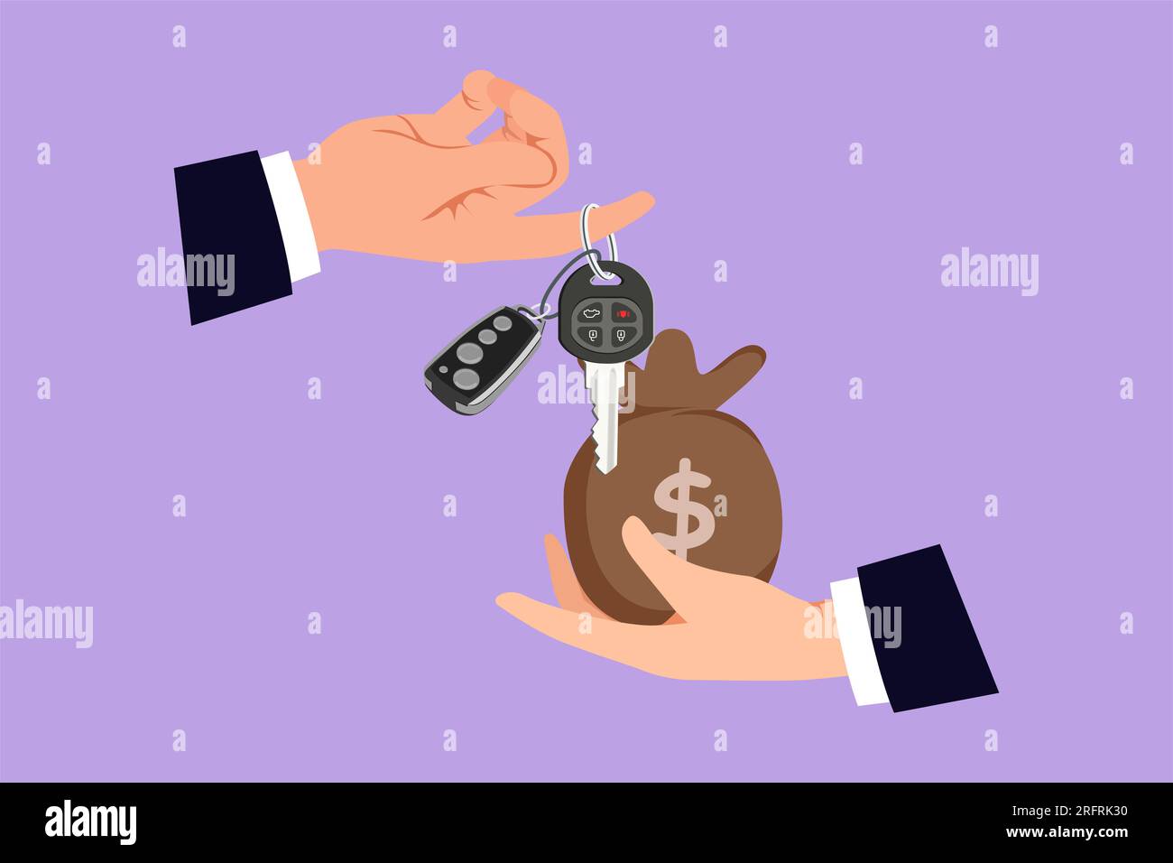 Dessin de style plat de dessin animé de location de voiture ou concept de vente, logo, icône, modèle. Main de l'agent tenir la clé de voiture, main de l'acheteur tenir le sac d'argent en or. Achat Banque D'Images