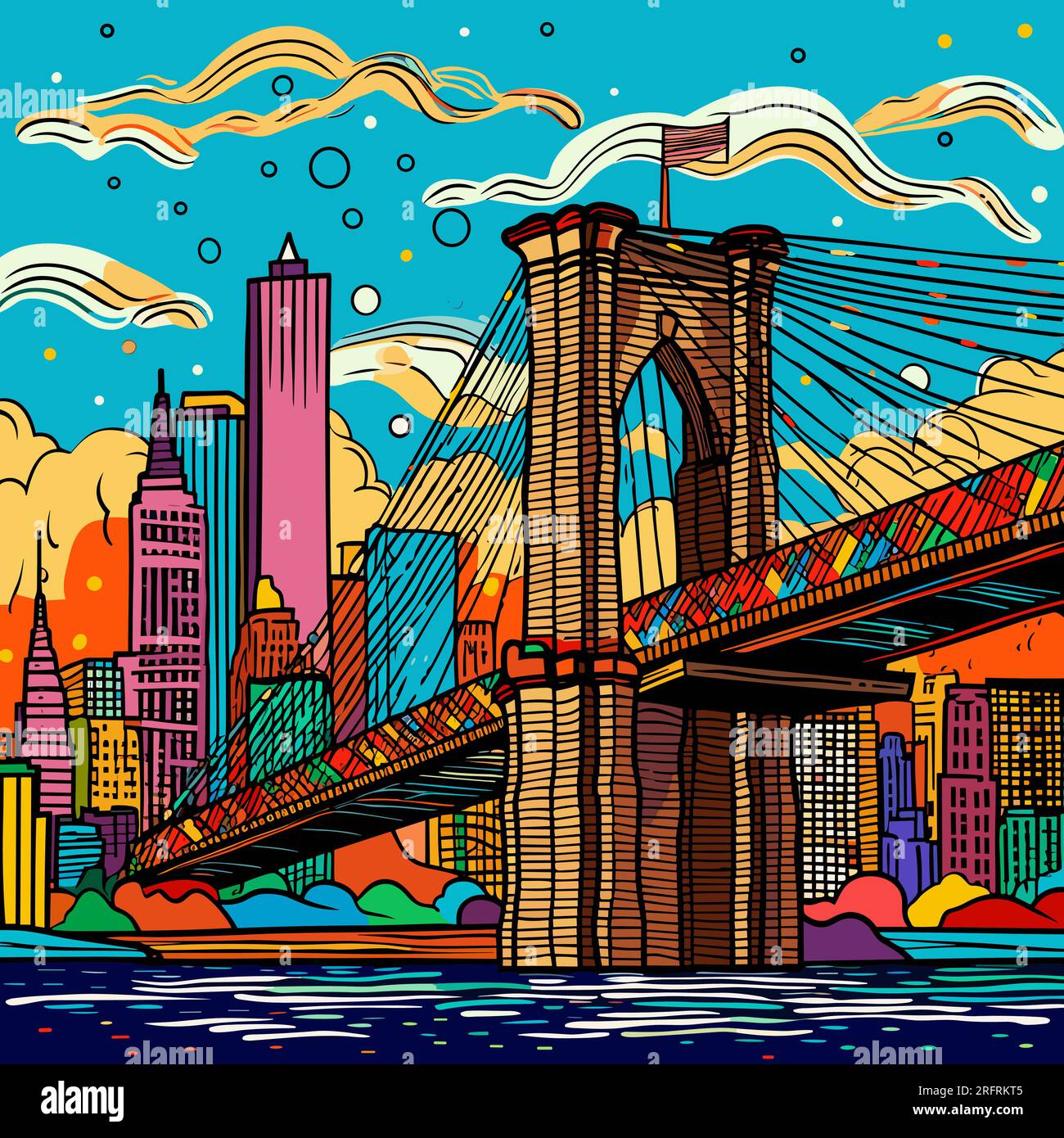 Brooklyn Bridge illustration dessinée à la main. Pont de Brooklyn. Illustration de dessin animé de style doodle vectoriel Illustration de Vecteur