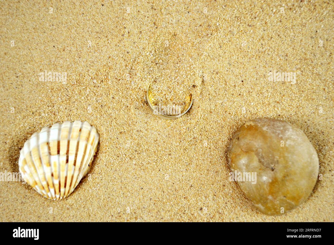 Un gros plan d'un anneau perdu senti dans le sable à la plage près de pierre naturelle et coquillage Banque D'Images