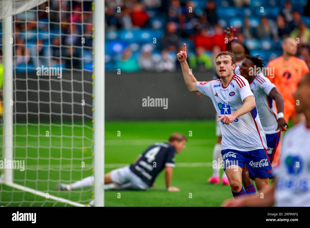 Drammen, Norvège, 05 août 2023. Daniel Håkans de Vålerenga marque le premier de son équipe du match pour faire 1-1 dans le match entre Strømsgodset et Vålerenga au Marienlyst Stadion à Drammen. Crédit : Frode Arnesen/Alamy Live News Banque D'Images