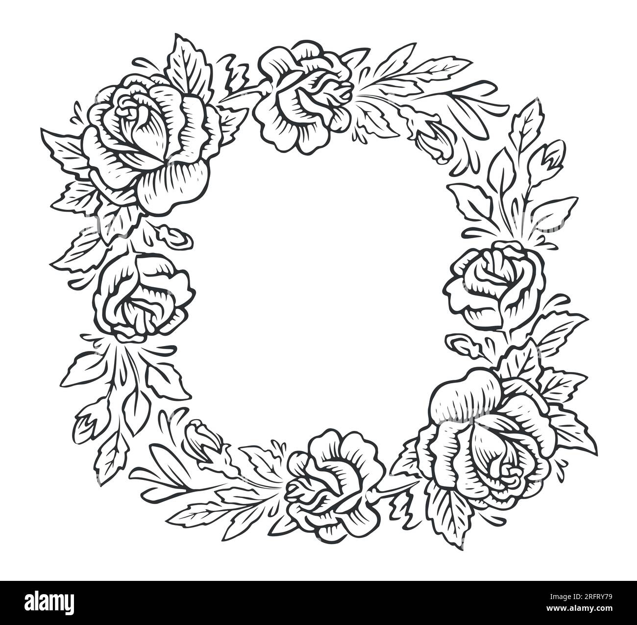 Cadre avec des fleurs décoratives avec des feuilles. Couronne florale dans le style de gravure vintage. Illustration vectorielle d'esquisse Illustration de Vecteur