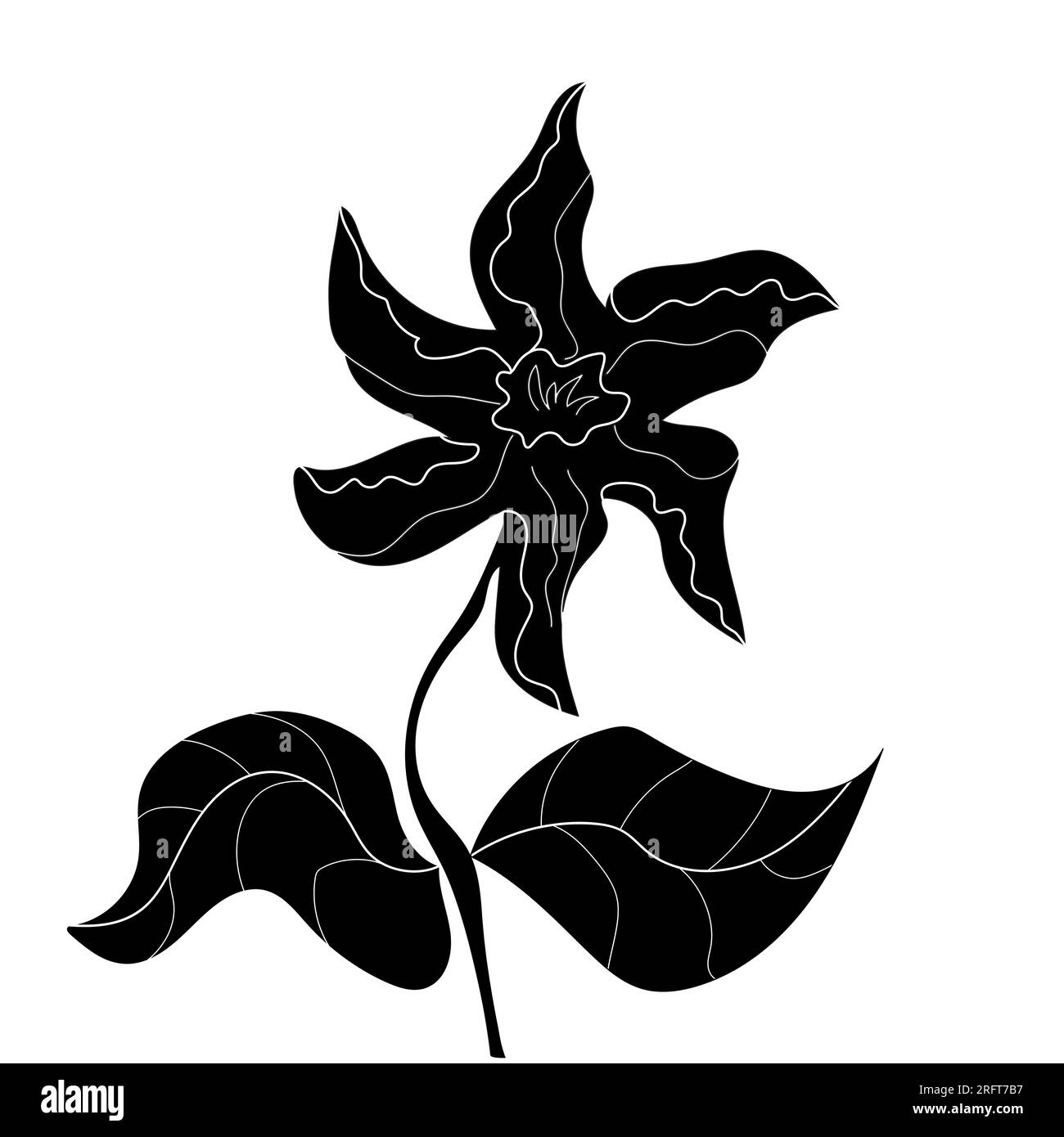 Une fleur stylisée fleurie sur une tige avec des feuilles. Dessin vectoriel noir et blanc, fond blanc. Vecteur logo fleur noir et blanc, bannière, décor graphique Illustration de Vecteur