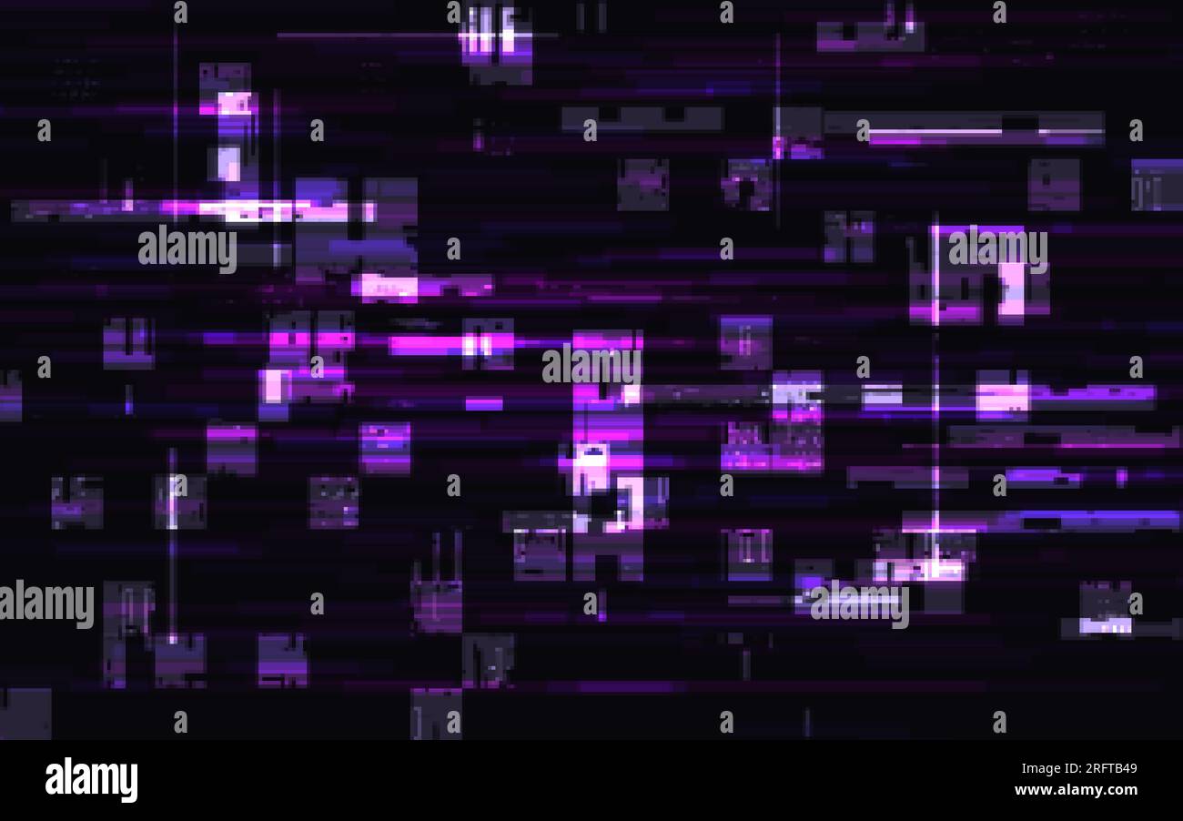 Glitch texture moderne. Pixels violets brillants. Fond d'affiche futuriste. Formes de couleur néon. Signal vidéo endommagé. Modèle de conception cyberpunk. Vecteur Illustration de Vecteur