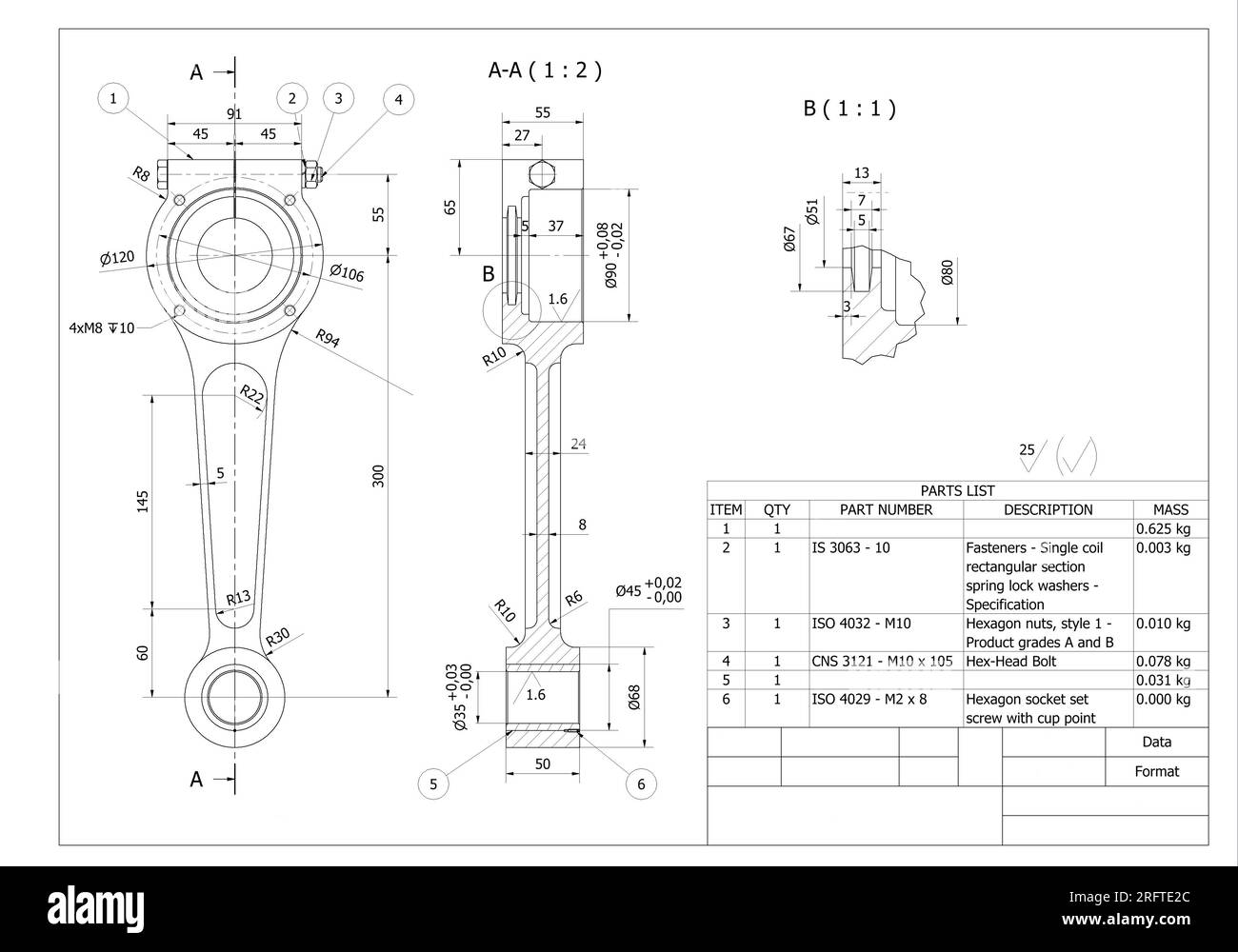 Ingénierie dessin technique graphiques d'une manivelle de bielle du moteur à combustion dans une voiture Banque D'Images