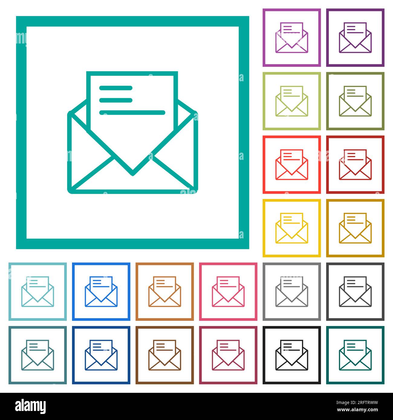 Ouvrez le courrier avec des icônes de couleur plate de contour de lettre avec des cadres de quadrant sur fond blanc Illustration de Vecteur
