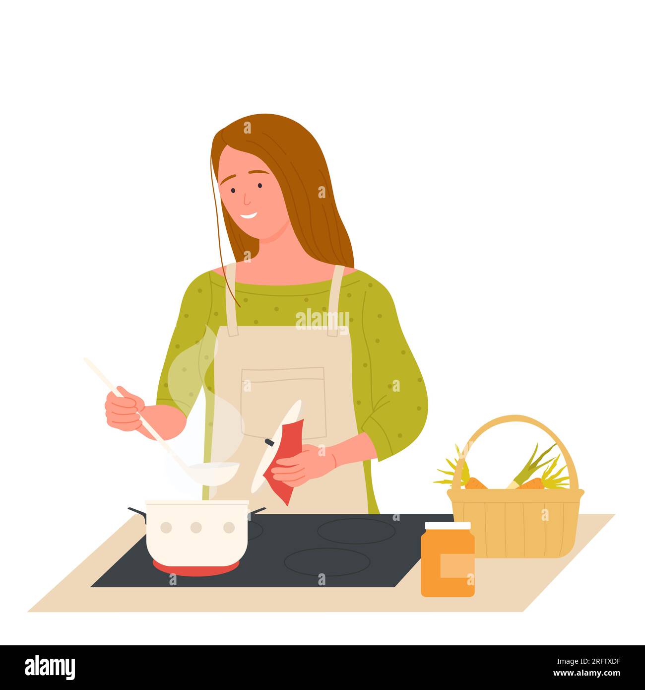 Femme à la cuisine cuisinant. Processus de préparation des aliments, illustration vectorielle des légumes et des fruits Illustration de Vecteur