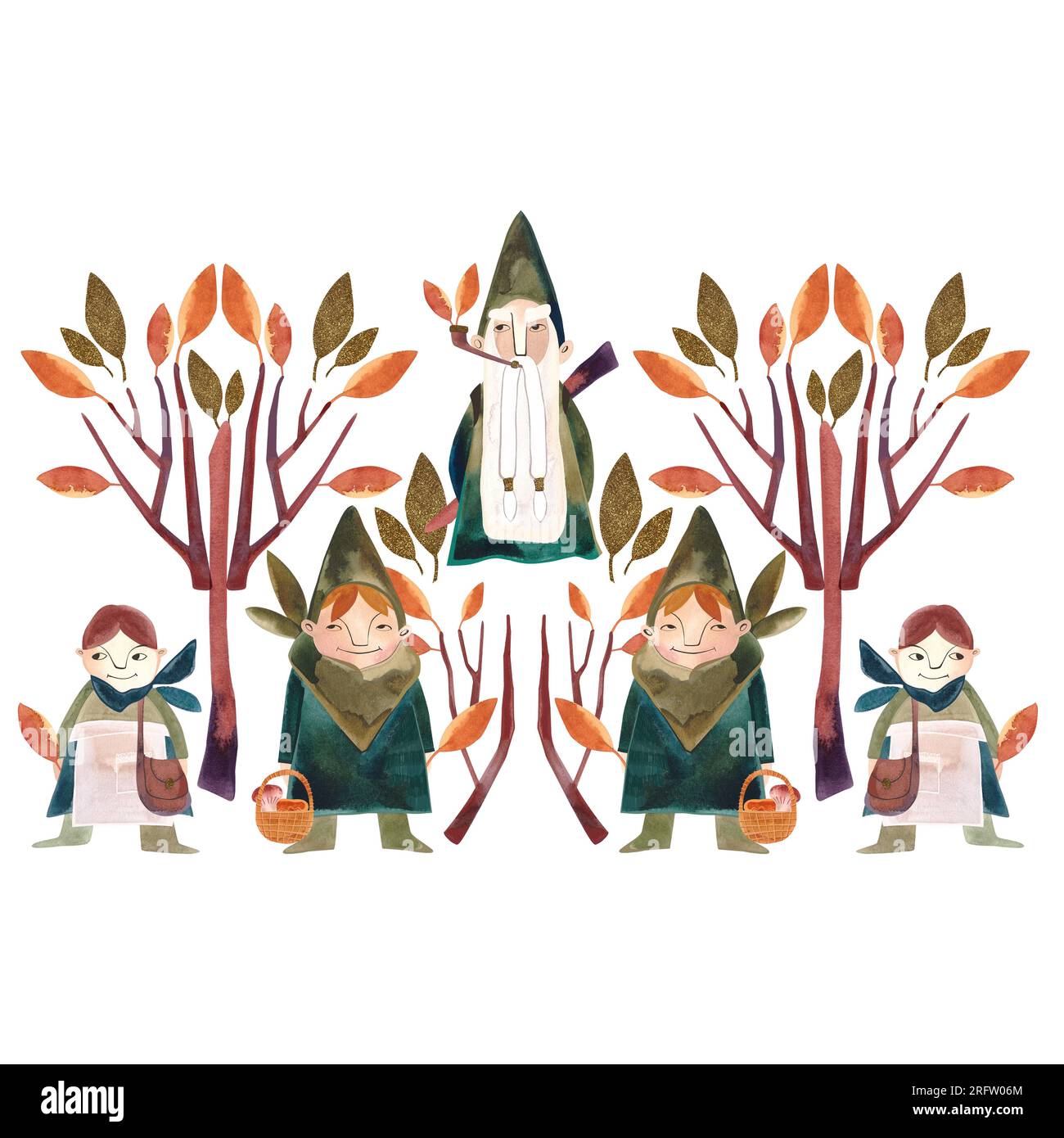 L'aquarelle compose avec des gnomes d'automne. Illustration isolée. Clipart. Illustration raster pour emballages, cartes de vœux, cartes postales et invitations. Banque D'Images