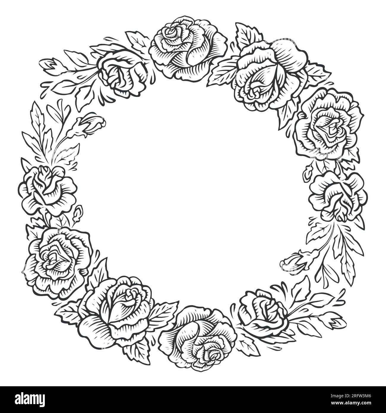 Vector design de roses fleurs cadre d'invitation rond. Carte de mariage. Esquissez le style de gravure d'illustration vintage Illustration de Vecteur