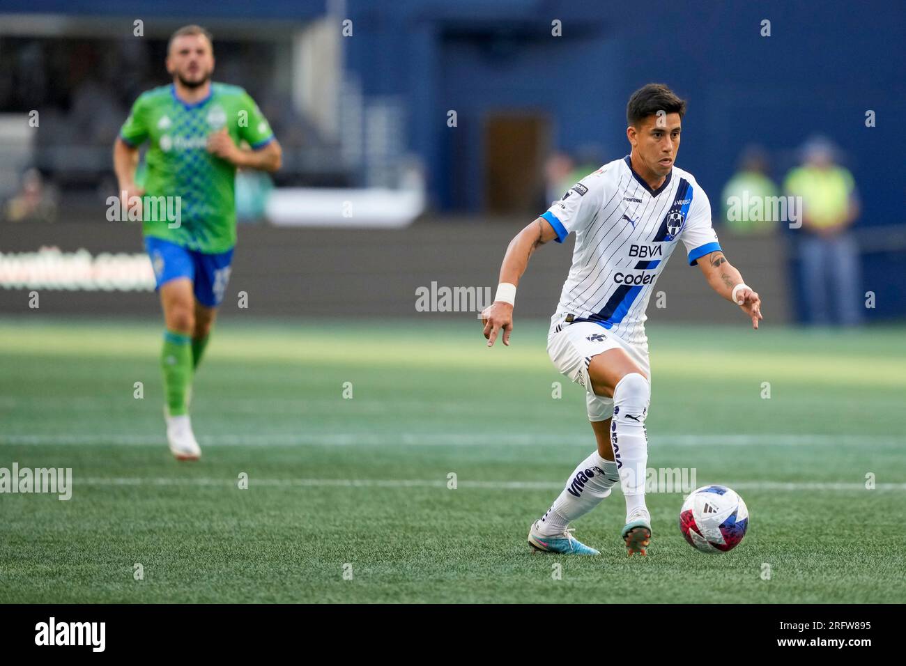 Monterrey midfielder Maxi Meza (11) looks on against the Seattle Sounders during the first half of a Leagues Cup soccer match Sunday, July 30, 2023, in Seattle. (AP Photo/Lindsey Wasson) Banque D'Images