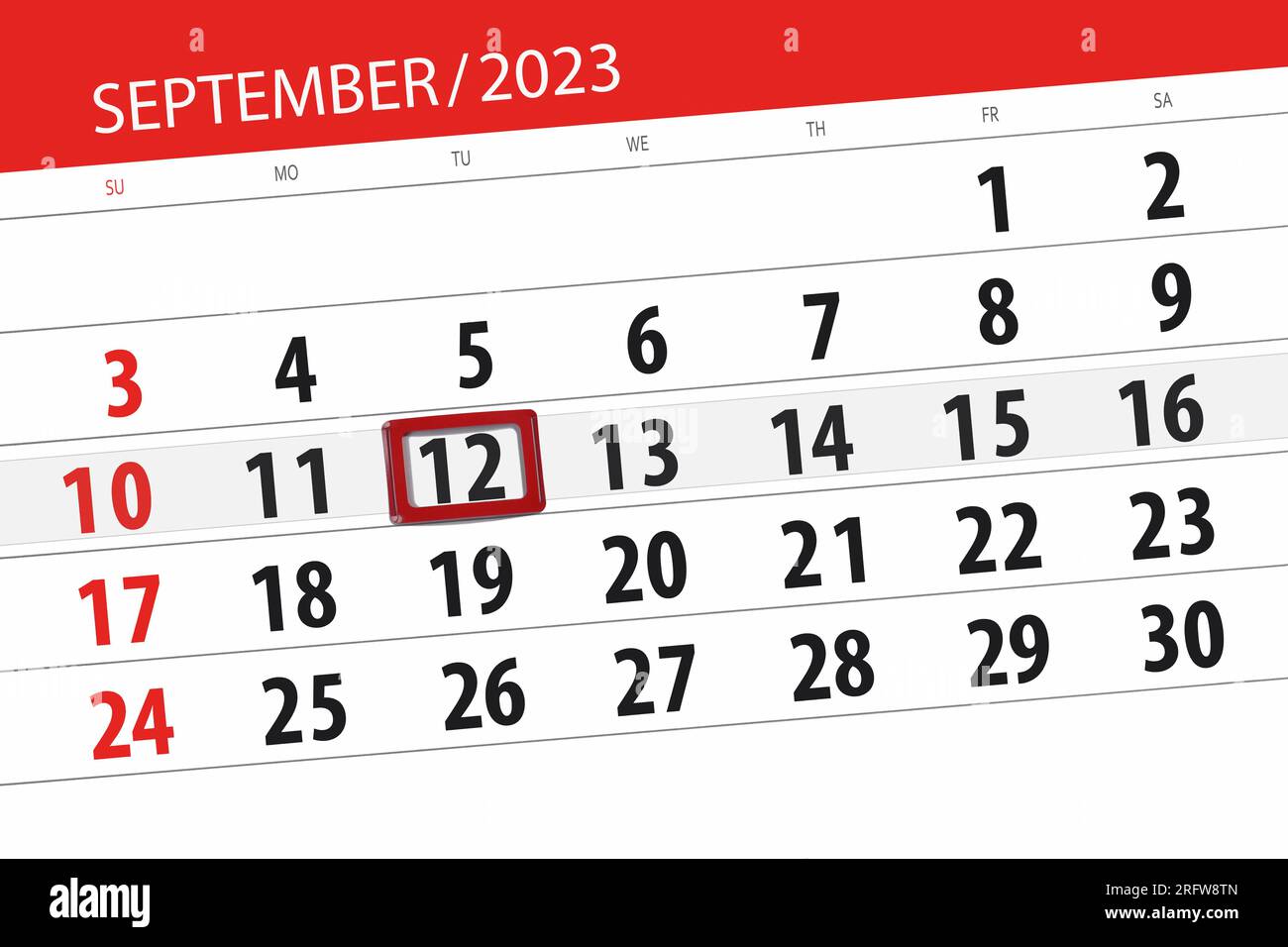 Calendrier 2023, date limite, jour, mois, page, organisateur, date, septembre, mardi, numéro 12. Banque D'Images