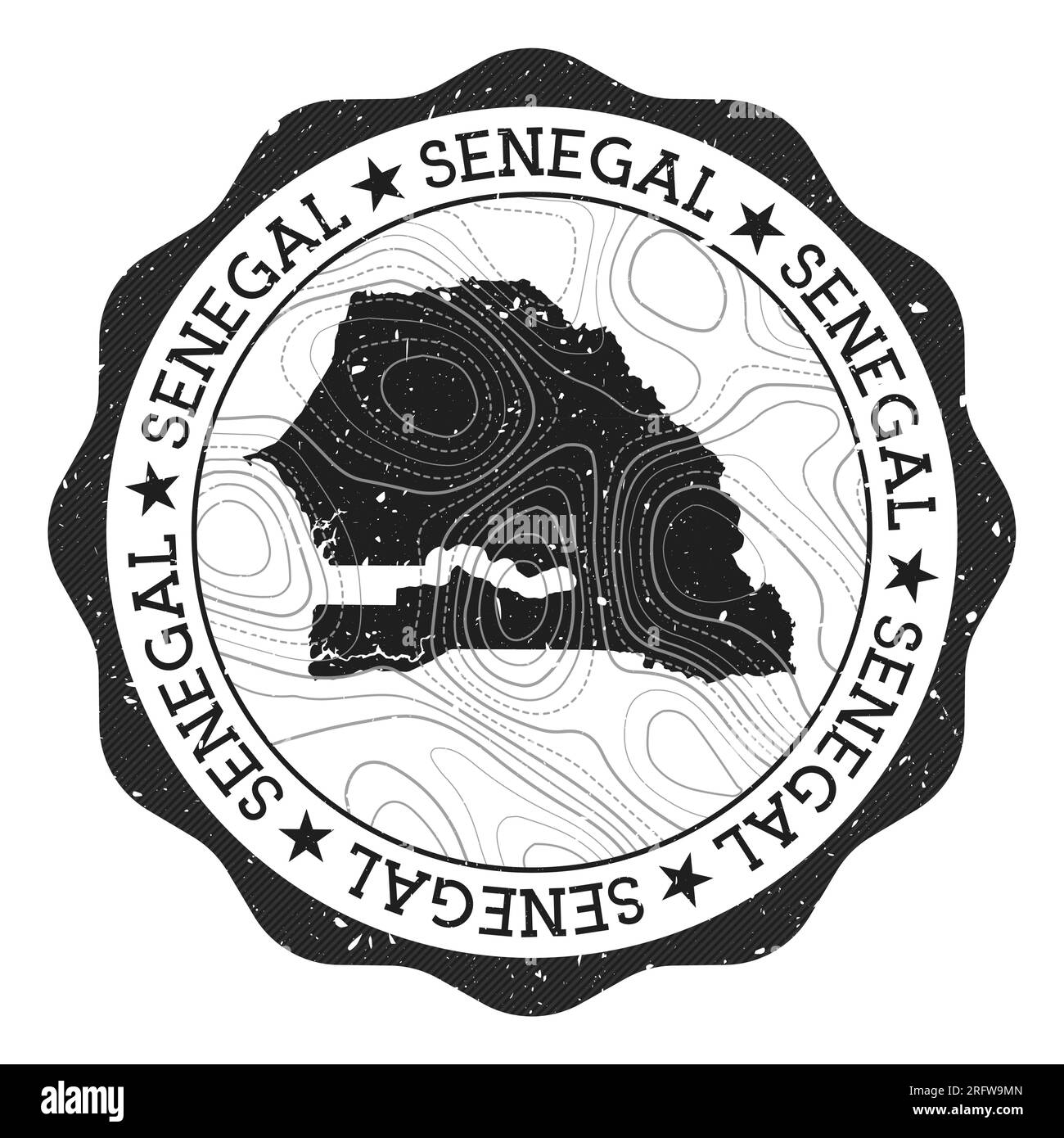 Timbre extérieur Sénégal. Sticker rond avec carte du pays avec isolignes topographiques. Illustration vectorielle. Peut être utilisé comme insigne, logotype, étiquette, sti Illustration de Vecteur