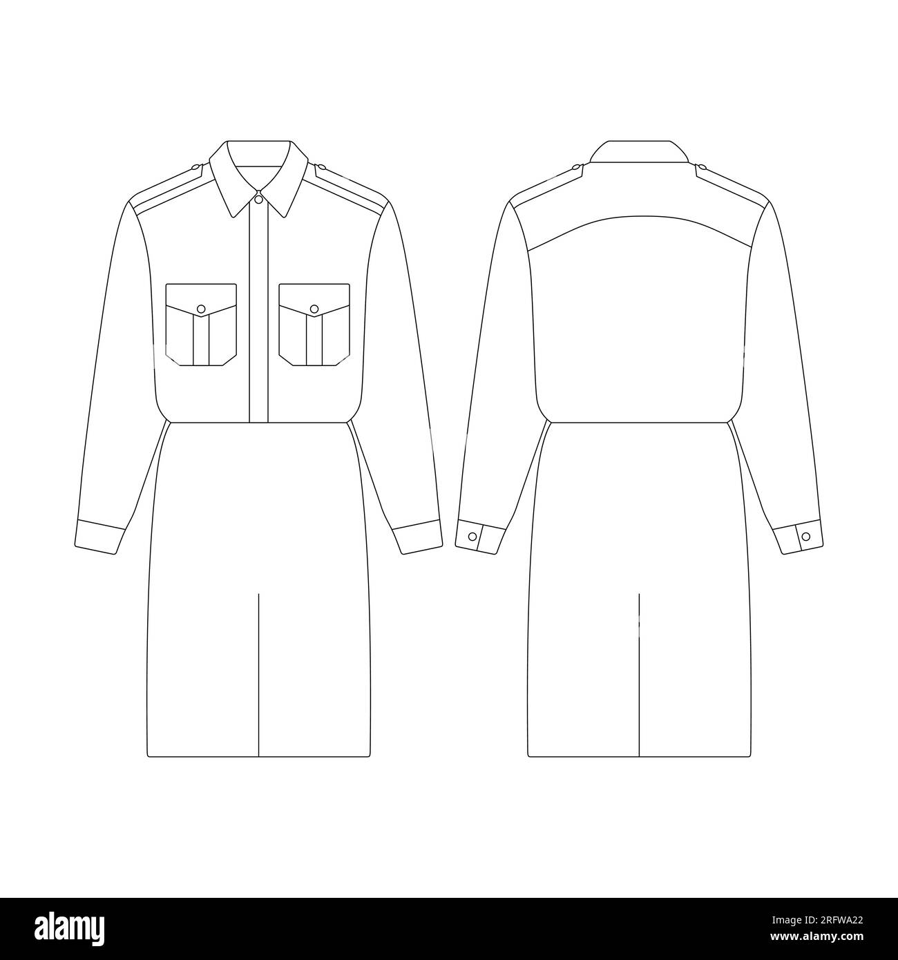 Modèle robe ample avec poches plaquées vecteur illustration de dessin plat collection de vêtements de contour Illustration de Vecteur