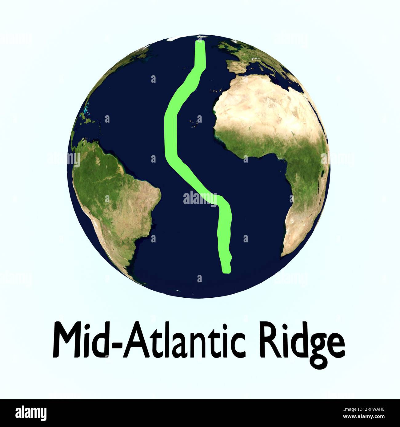 Modèle d'illustration 3D de la terre avec une bande verte simbolique représentant la dorsale médio-atlantique. Éléments de cette image fournis par la NASA. Banque D'Images
