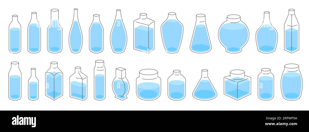 Boissons froides jus d'eau et d'autres bouteilles en verre et en plastique de bewerage liquide Illustration de Vecteur