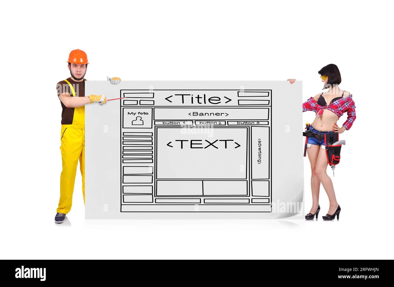 Femme et builder holding placard avec site web template Banque D'Images