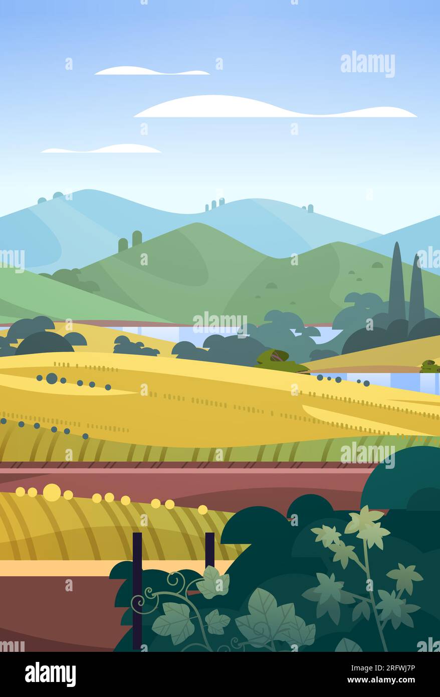 vue du paysage avec la rivière claire encore eau crête de montagne vert prairie rivages nature tourisme concept d'aventure de voyage Illustration de Vecteur