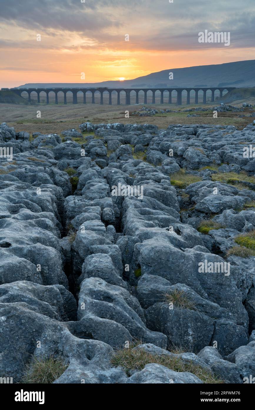 Chaussée calcaire et viaduc Ribblehead au coucher du soleil, Yorkshire Dales Banque D'Images