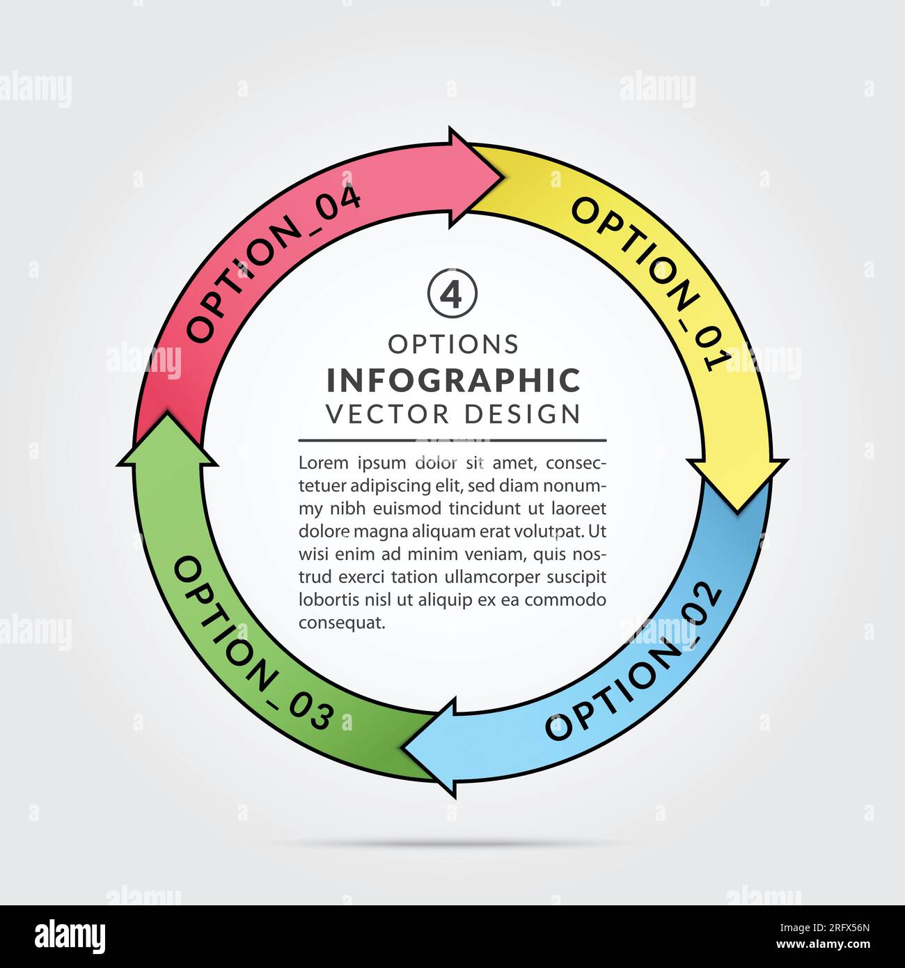 Graphiques infographiques circulaires connectés avec 4 options. Modèle de conception infographique de cercle pour diagramme rond, graphique, conception Web, bannière. Conceps d'affaires Illustration de Vecteur