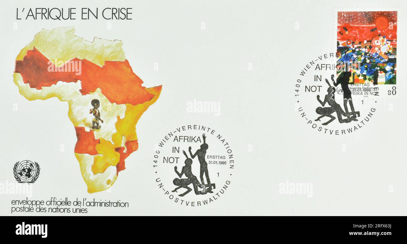 Lettre de présentation du premier jour avec timbre-poste annulé imprimé par les Nations Unies, qui promeut Help to Africa, vers 1986. Banque D'Images