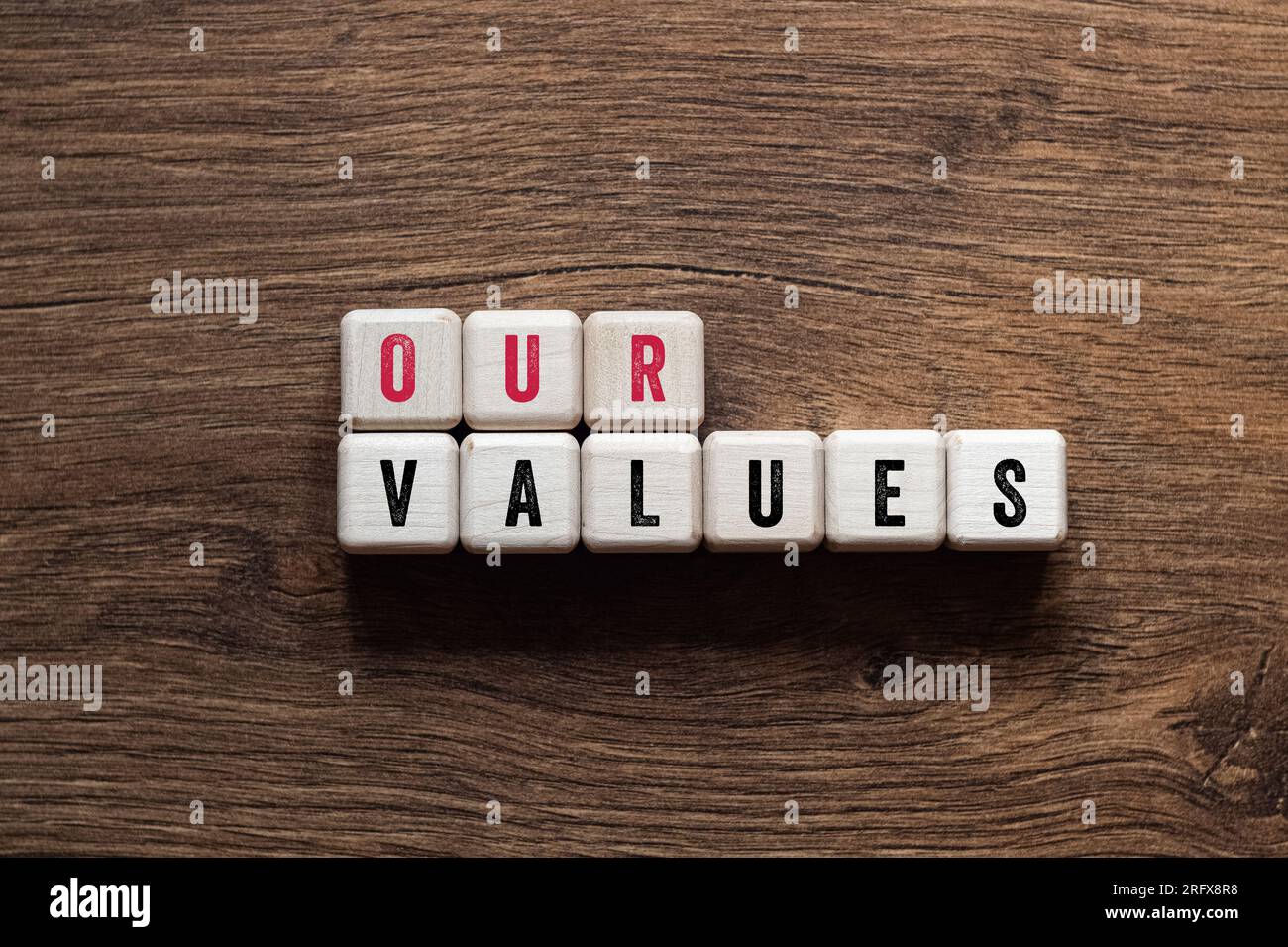 Nos valeurs - concept de mots sur les blocs de construction, le texte, les lettres Banque D'Images