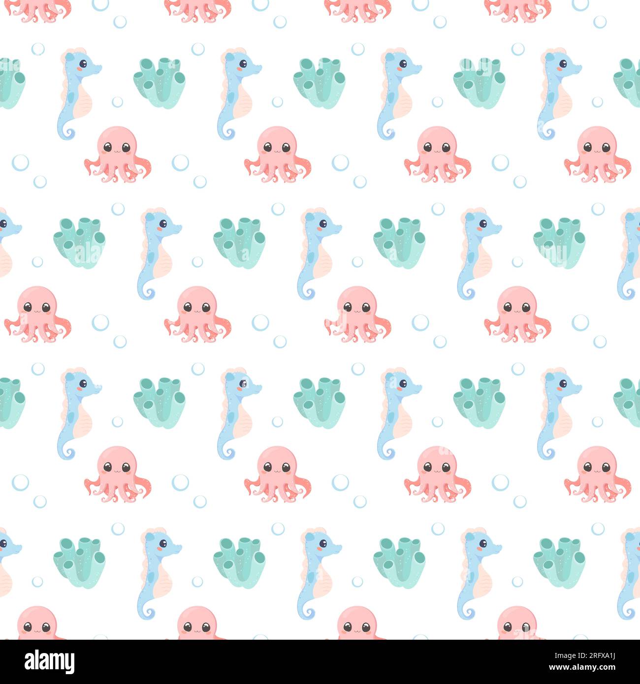 Sea Creatures pattern Seamless Set vecteur mignon sur fond isolé blanc, crevettes, algues, corail, crabe, dauphin, poisson de cheval, poulpe Illustration de Vecteur