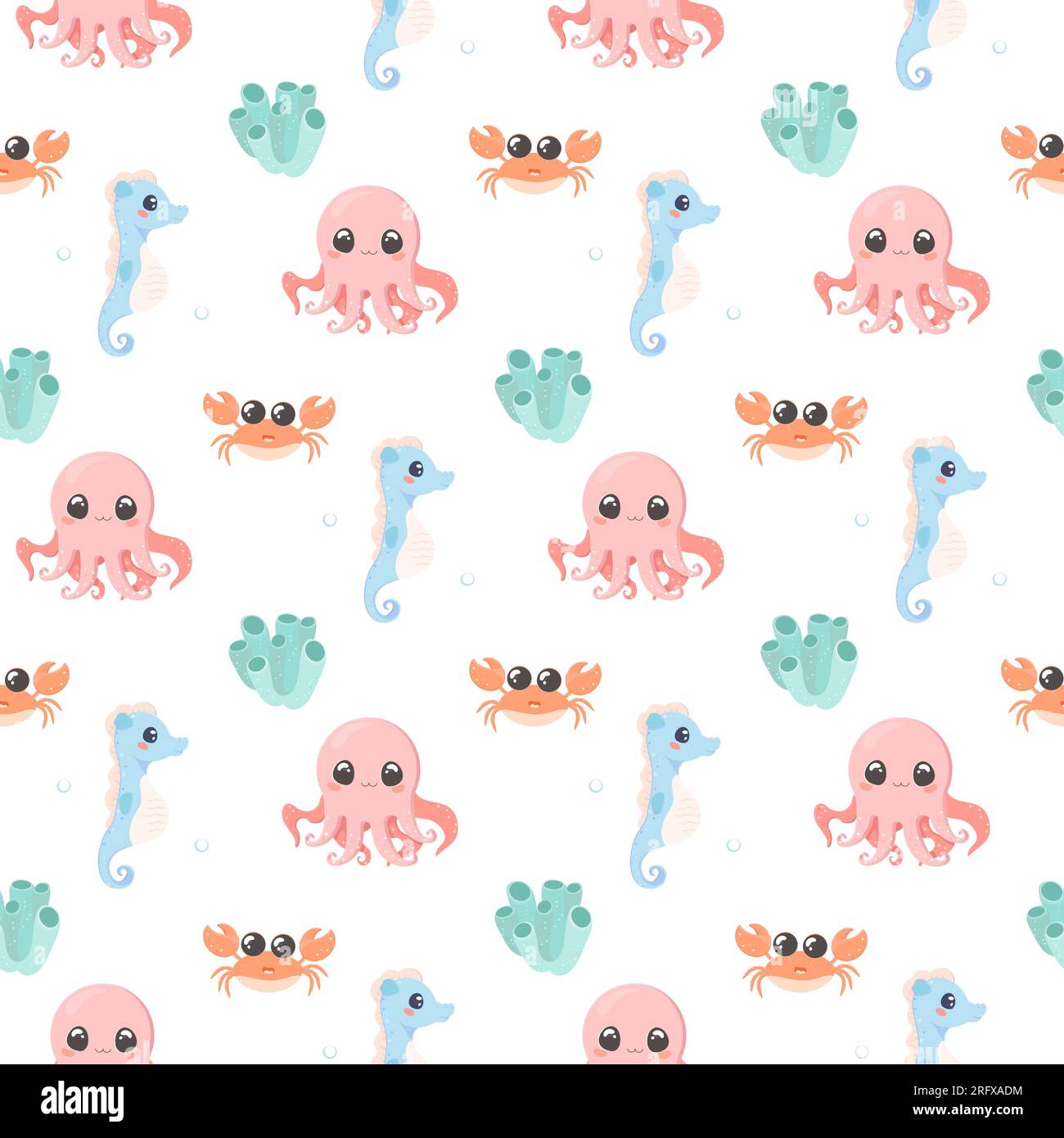 Sea Creatures pattern Seamless Set vecteur mignon sur fond isolé blanc, crevettes, algues, corail, crabe, dauphin, poisson de cheval, poulpe Illustration de Vecteur