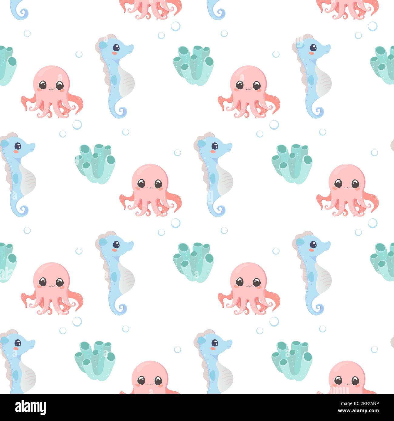 Sea Creatures pattern Seamless Set vecteur mignon sur fond isolé blanc, crevettes, algues, corail, crabe, dauphin, poisson de cheval, poulpe Illustration de Vecteur
