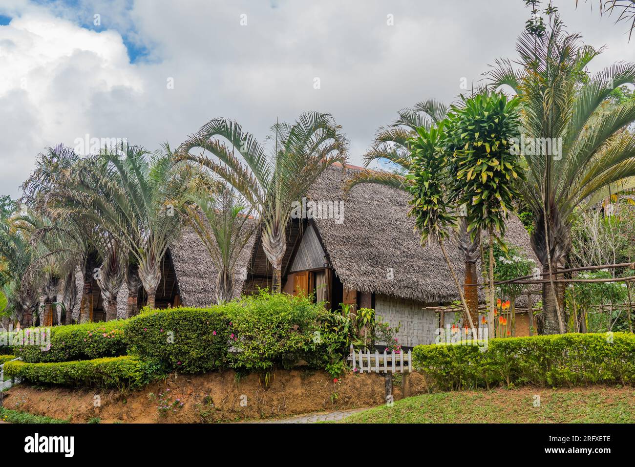Andasibe, Madagascar - 26.2023, mai : belles maisons au toit de chaume dans la jungle avec des palmiers dans le parc national d'Andasibe, Banque D'Images