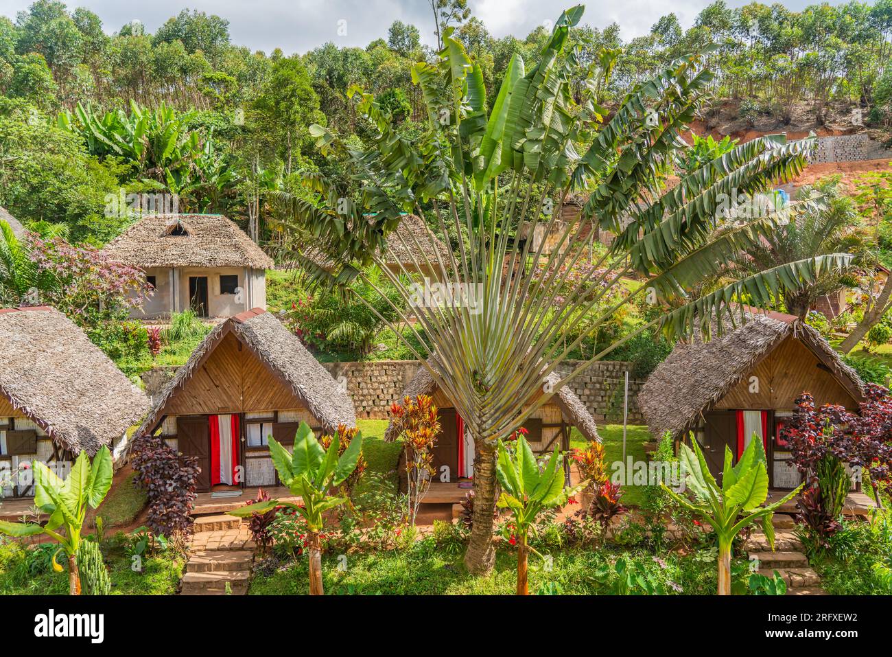 Andasibe, Madagascar - 26.2023, mai : belles maisons au toit de chaume dans la jungle avec des palmiers dans le parc national d'Andasibe, Banque D'Images