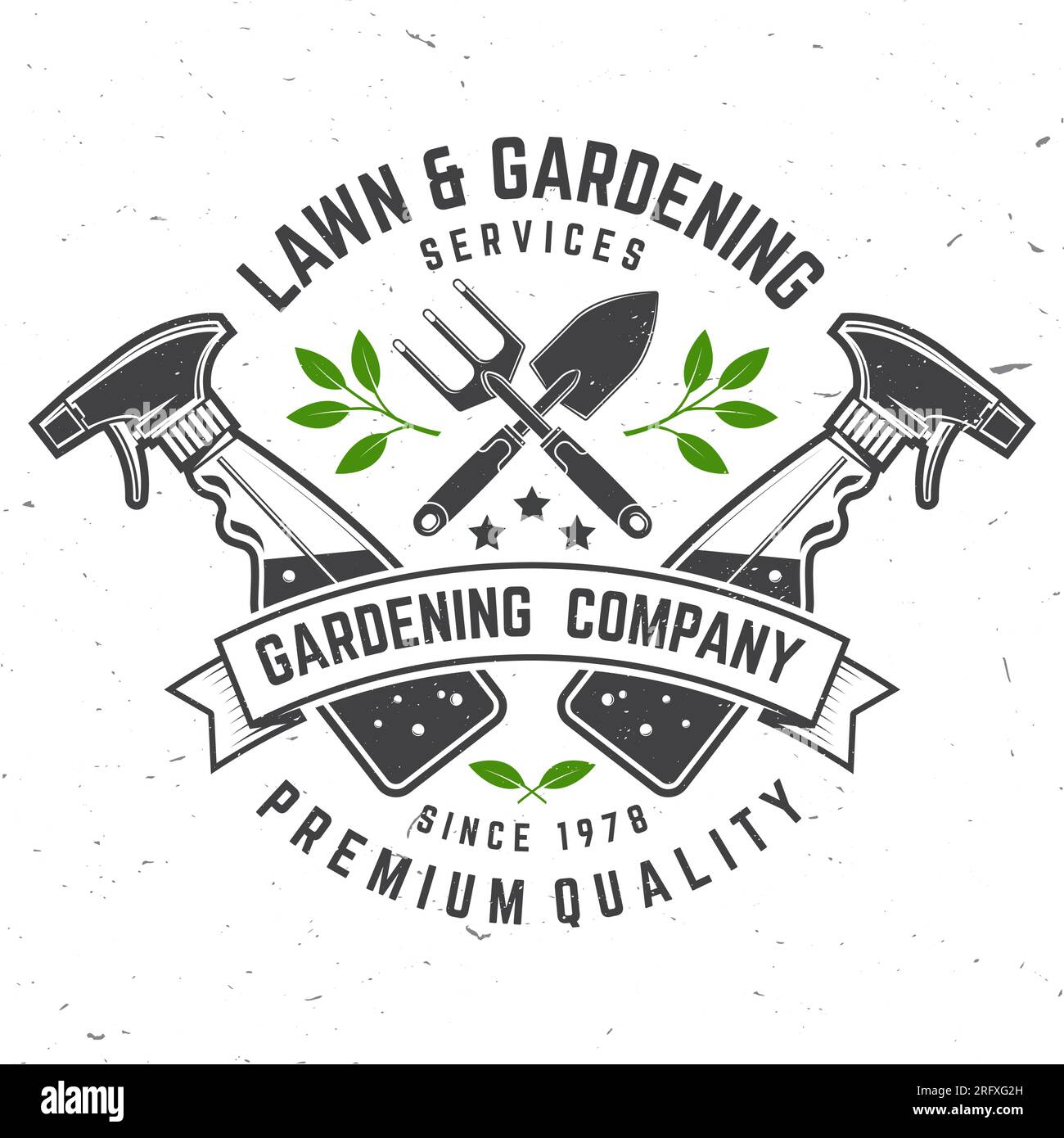 Emblème, étiquette, insigne, logo des services de pelouse et de jardinage. Illustration vectorielle. Pour signe, patch, conception de chemise avec truelle de jardin à main, fourchette agricole Illustration de Vecteur