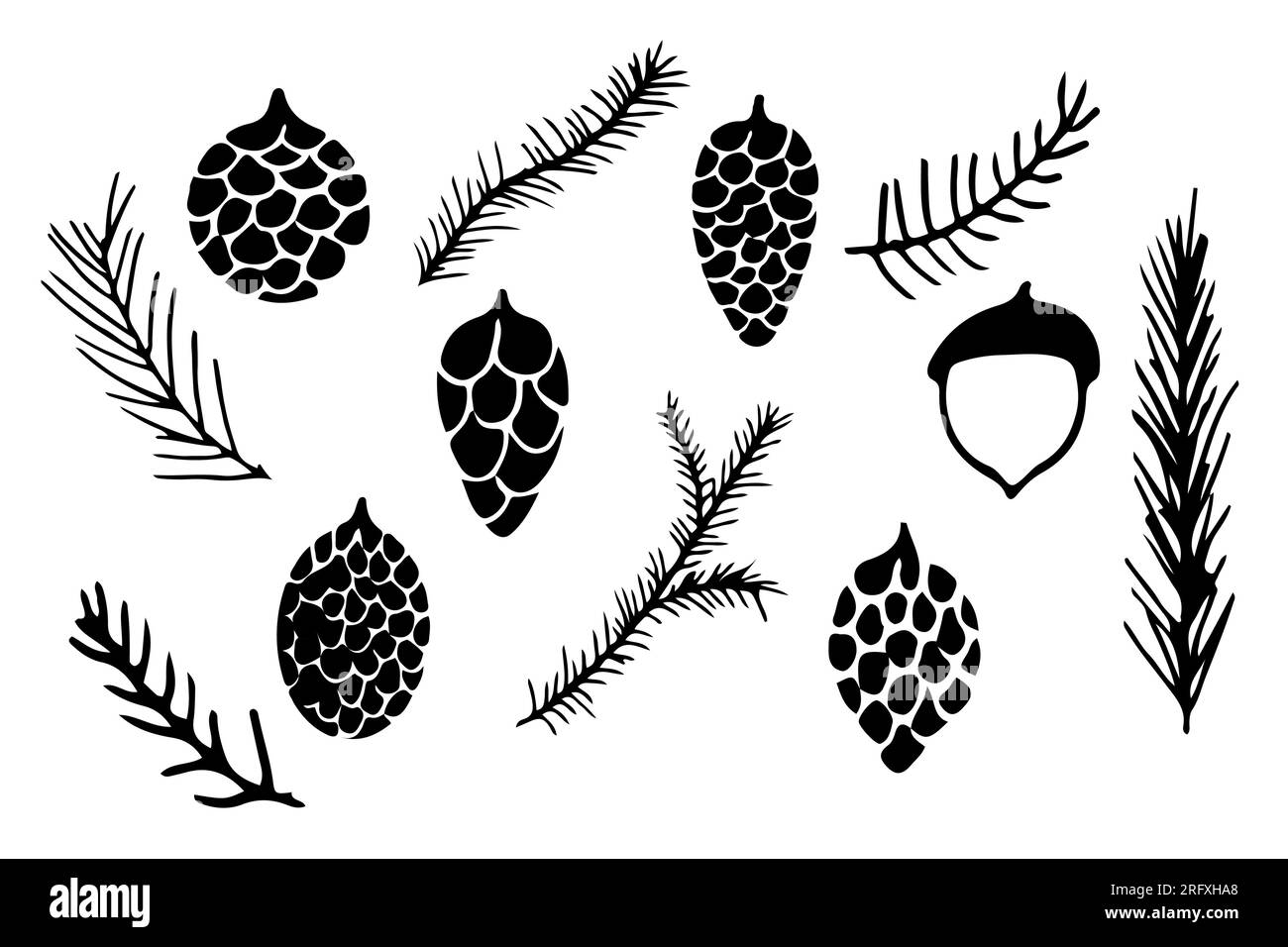 Pomme de pin et branche de pin ensemble dans le style doodle isolé sur fond blanc. Décoration de noël d'hiver, forêt d'hiver. Illustration vectorielle Illustration de Vecteur Pomme de pin et branche de pin ensemble dans le style doodle isolé sur fond blanc. Décoration de noël d'hiver, forêt d'hiver. Illustration vectorielle Illustration de Vecteur